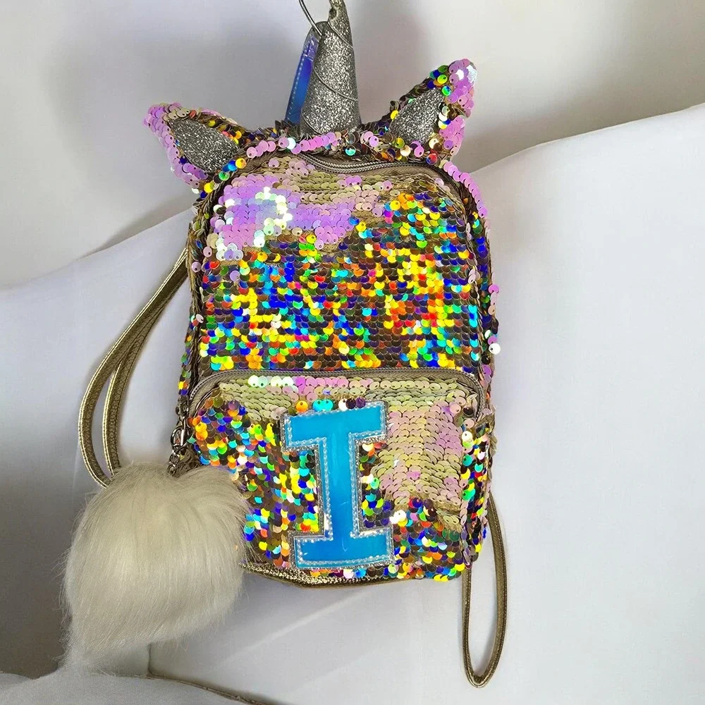 Justice Kids Unicorn Sequin Backpack I Initial, Pompom, Rainbow, Color‎ Changing